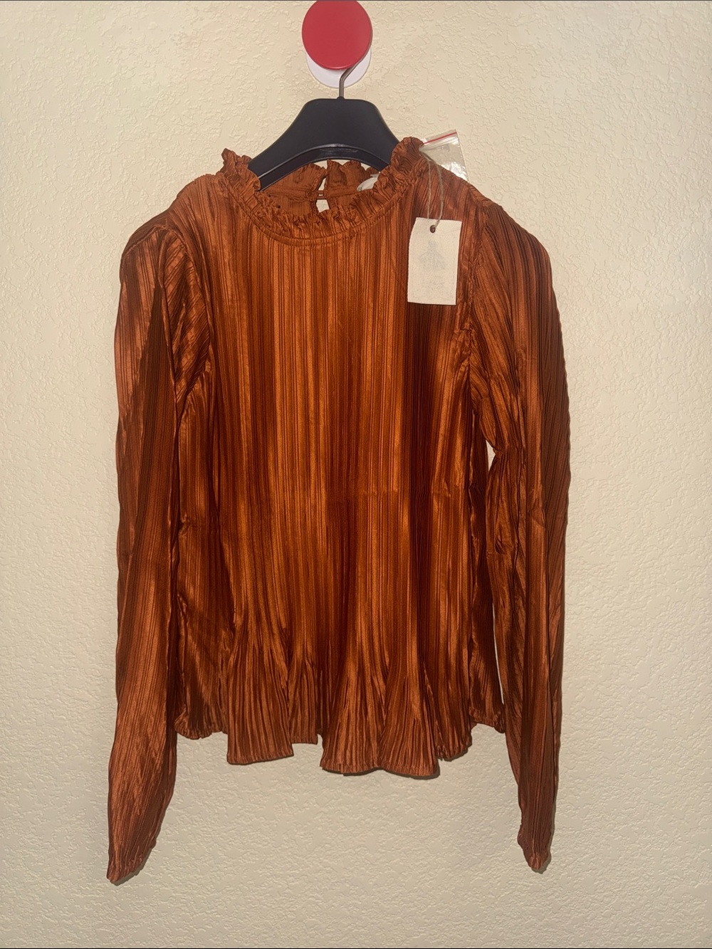 Easel Rust Pleated Mock Neck Long Sleeve Blouse Size Medium NWT